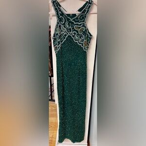 Vintage Laurence Kazar Green Beaded Silk Floor Length Dress Formal Prom Gown M